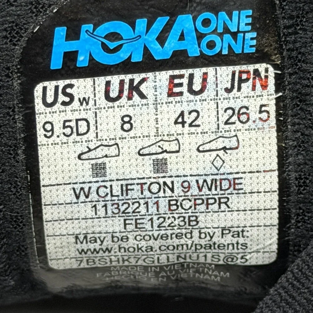 Hoka One One Clifton 9 Shoes Womens Size 9.5 Wide Black‎ Copper Running 1132211